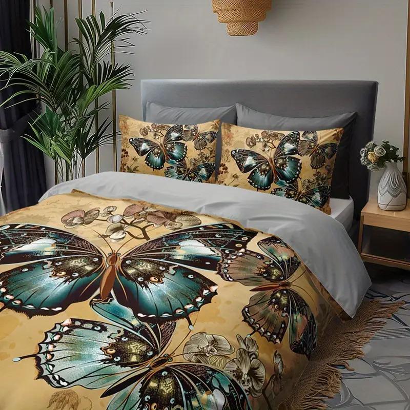 3pcs Butterfly Couple Pattern Print Blanket Set, Soft Polyester Fabric, Zipper Design, Modern Style Bedding Essentials