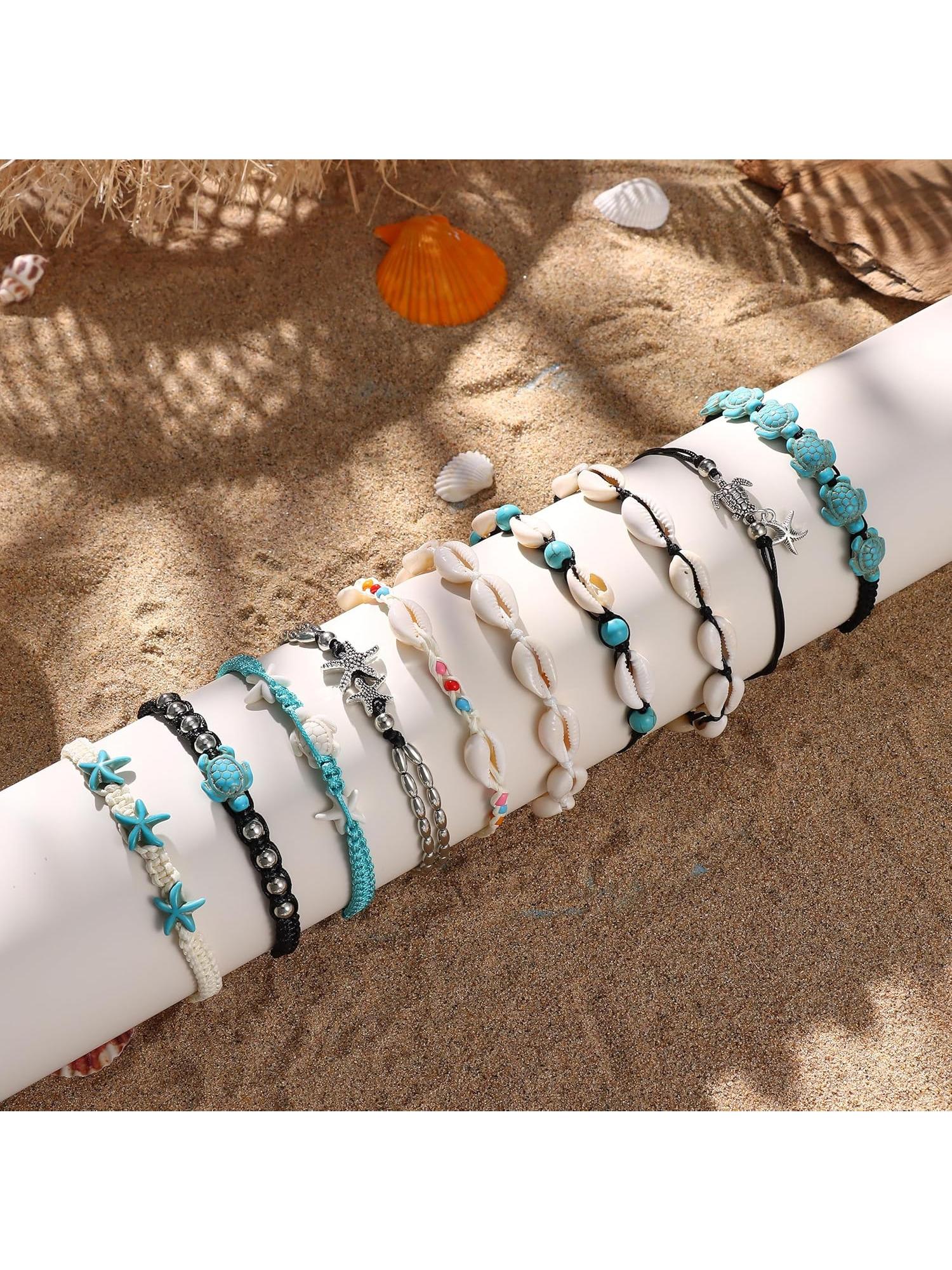 10PCS Shell Turtle Ankle Bracelets Handmade Boho Beaded Anklet Jewelry Adjustable Natural Cowrie Shell Beach Bead Anklet for Women