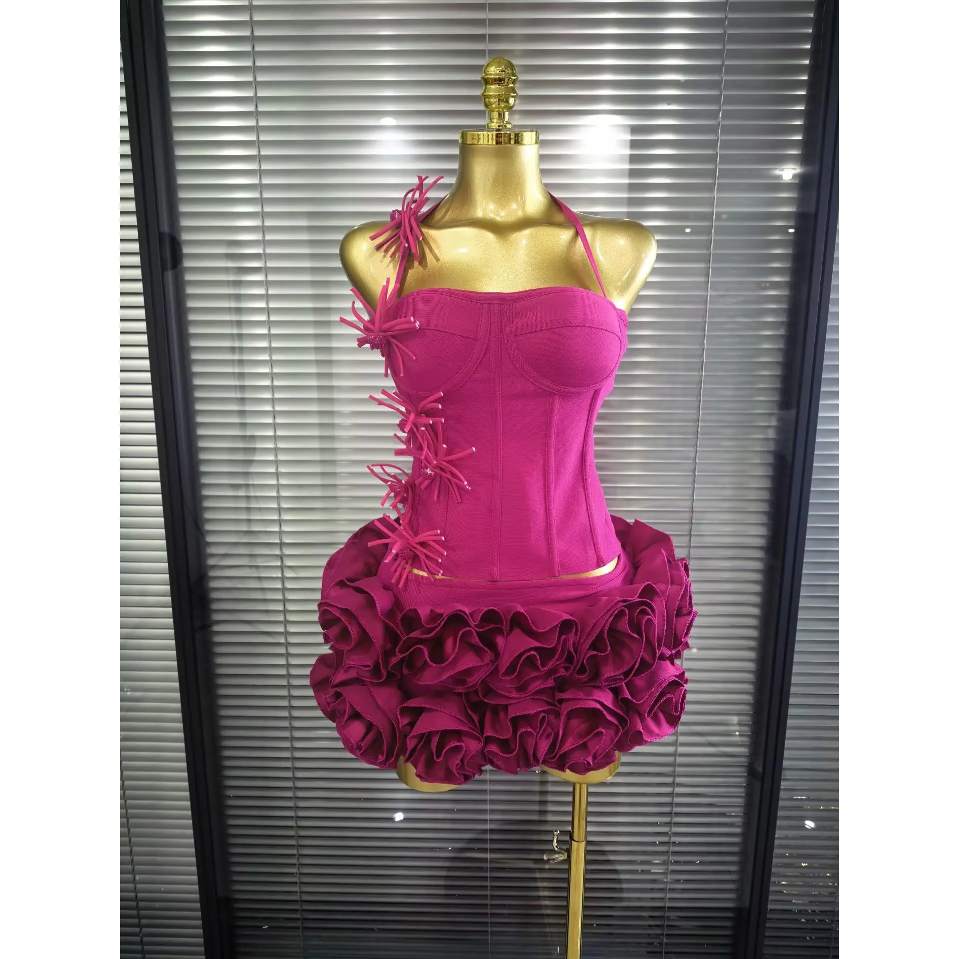 High Quality Black Red Women Sexy Halter Full Florals 2 Pieces Set Bodycon Mini Bandage Dress Celebrate Nightclub Party Wear, Bandage Dresses, Club Night Two Piece Set