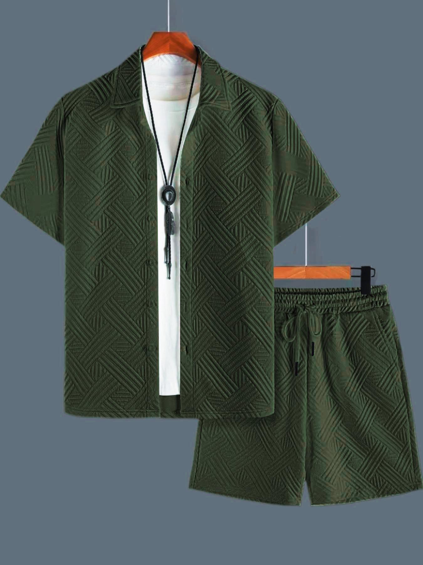 Two-piece Set Men's Solid Color Button Top & Drawstring Waist Shorts Set, Regular Fit Casual Short Sleeve Top & Pocket Shorts, Shortsleeve Men's Summer Clothes, Loungewear, Pajamas Set