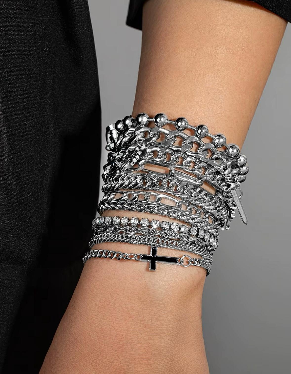 11pcs Punk Metal Chain Cross Bracelet Set, Multi-Layer Beaded Fringe, Unisex Design, Daily Streetwear, Mother’s Day Gift, Trendy Accessory