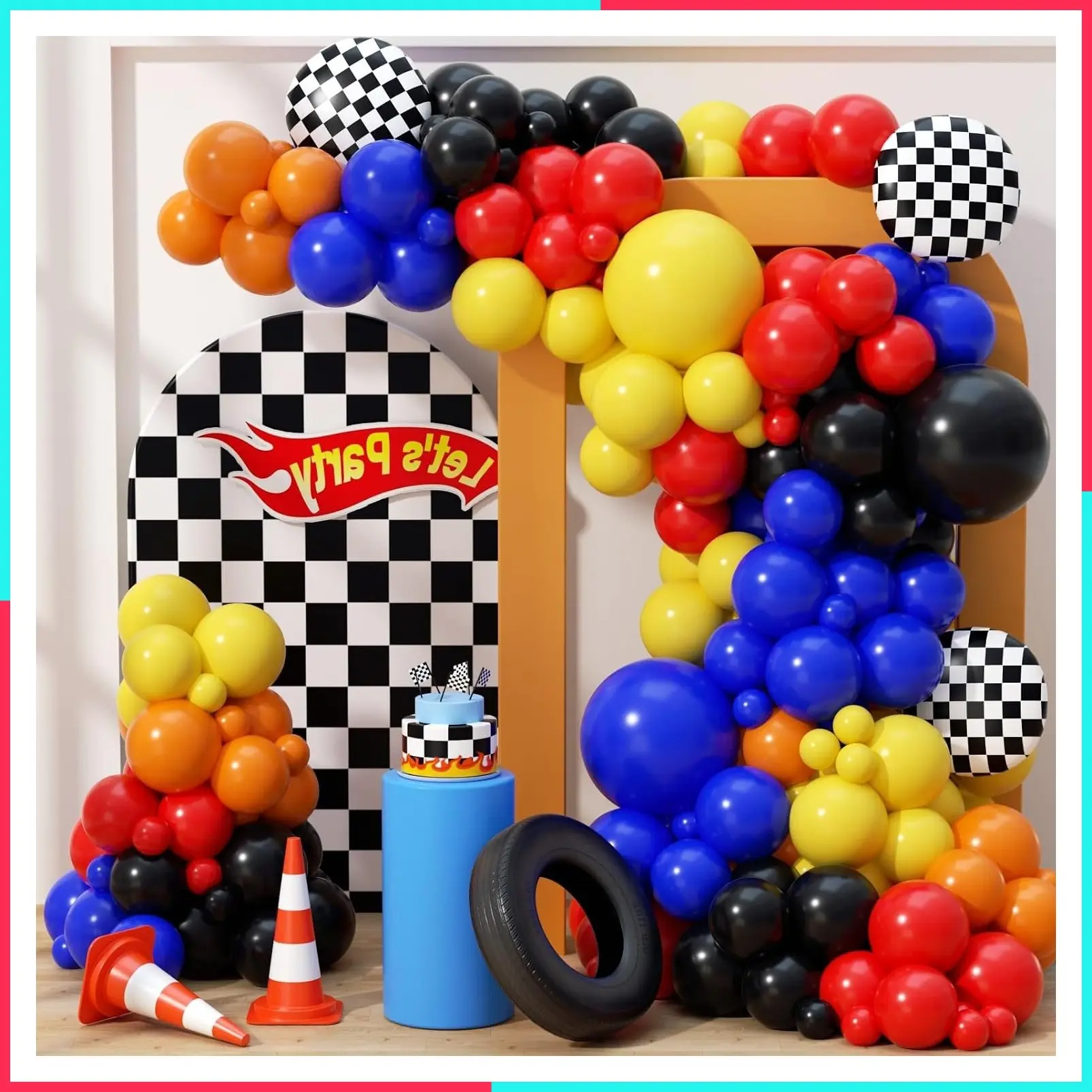 160Pcs Race Car Balloon Garland Arch Kit with Car Wheels and Checkered Balloons in 18 12 10 5 Inch Sizes for Racing and Monster Theme Birthday Party Decorations