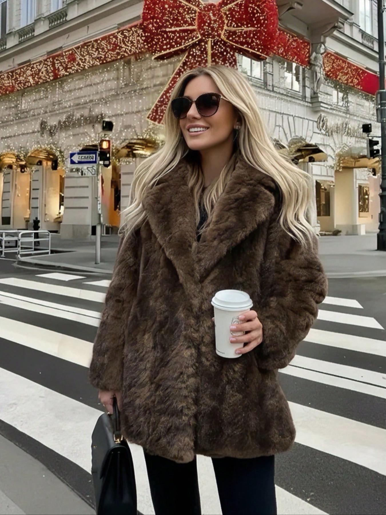 Women's Winter New Faux Fur Jacket Coat, Vintage Loose Fit Long Sleeve Stand Collar, Fashionable Daily Wear Outerwear Womenswear