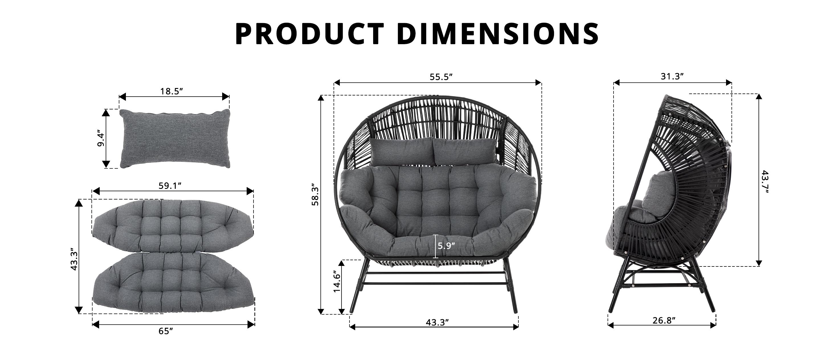 IRONCK Wicker Outdoor Egg Chair with Ottoman, Patio Lounge Chair with Footrest, Thickened Padded Cushion and Headrest, Egg Seat for Patio, Living Room, Garden, Balcony, Dark Gray