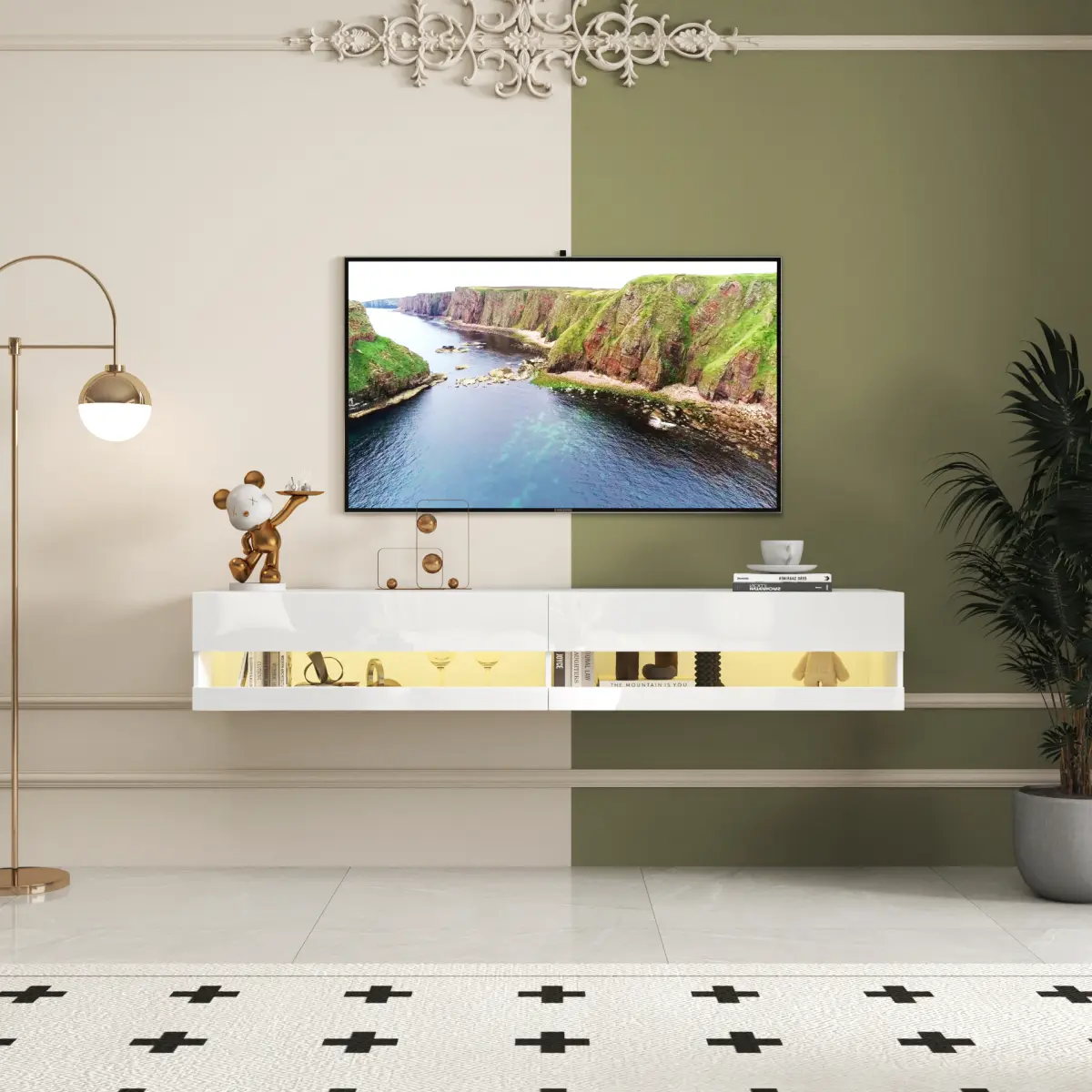 Dufominc 80in Wall-Mounted Floating TV Stand with 20-Color LED Lights, Charging Station, Media Center for Living Room - Built-in TV Stands & Multimedia Centres