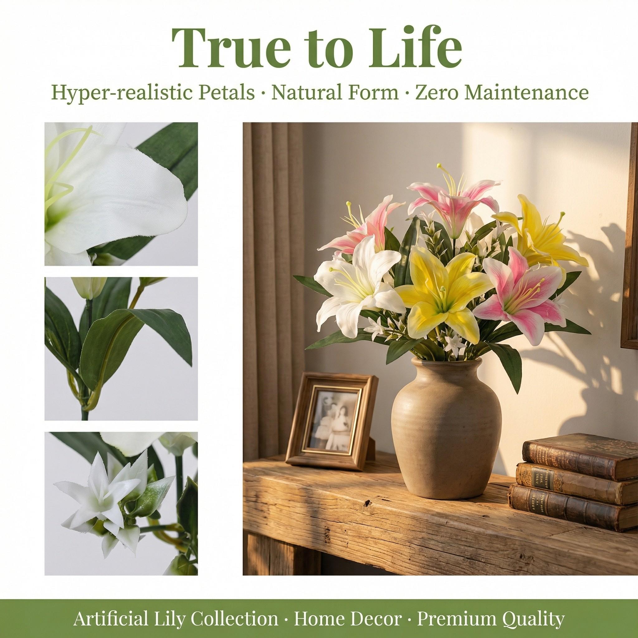 5-Piece Artificial Lily and Star Gazer Bouquet, Plastic Floral Arrangement, Decorative Handheld Flower Bundle, Realistic Fake Flowers