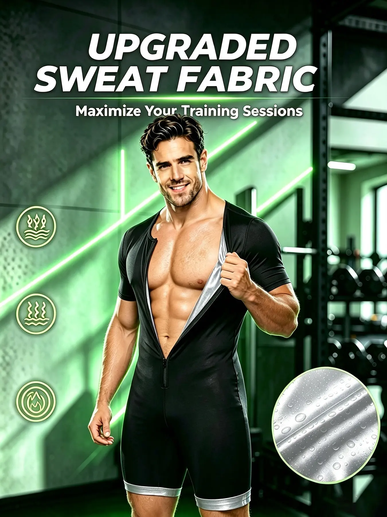 (order one size up)1 Pack Men Sauna Short Sleeve One Piece Workout Bodysuit, Front Zipper Design, Athletic Sport Jumpsuit, All Season Regular Fit Activewear for Gym Training Running Cycling, Ideal Christmas Thanksgiving Valentine's Day Gift