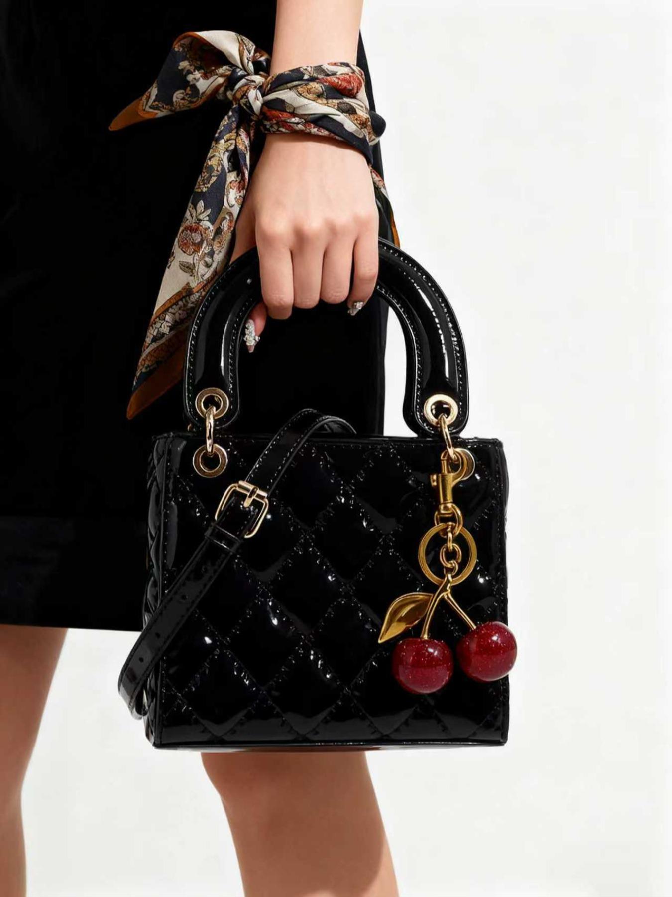 Checkered Bag with Cherry Charm, Fashionable Versatile Handbag, Elegant Women's Shoulder Crossbody Bag, Casual Style, Casual Handbag Satchel, Handheld Bag Purse