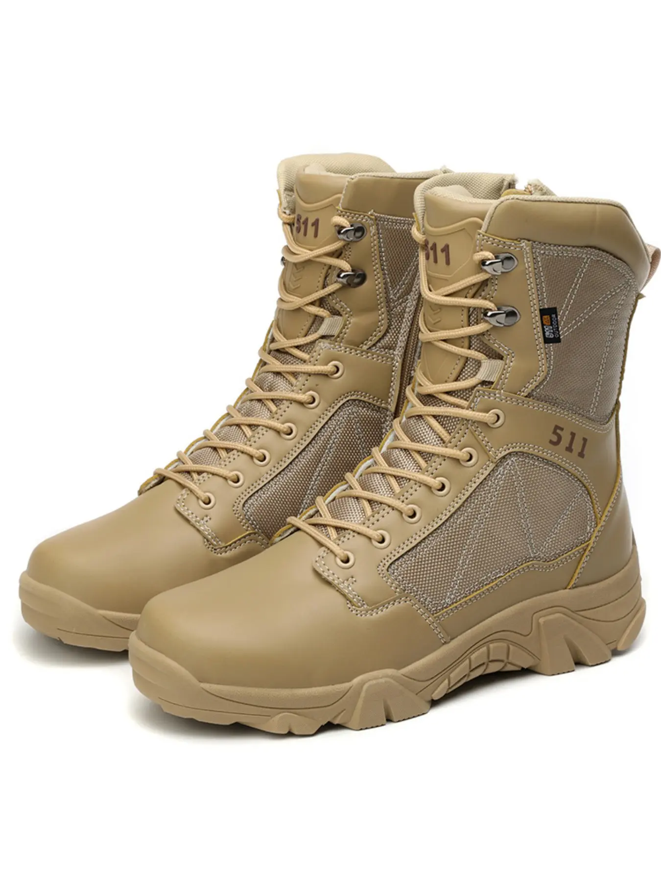 Men's High-Top Tactical Boots with Side Zipper, Leather and Mesh Patchwork, Anti-Slip Rubber Sole, Ideal for Outdoor Activities
