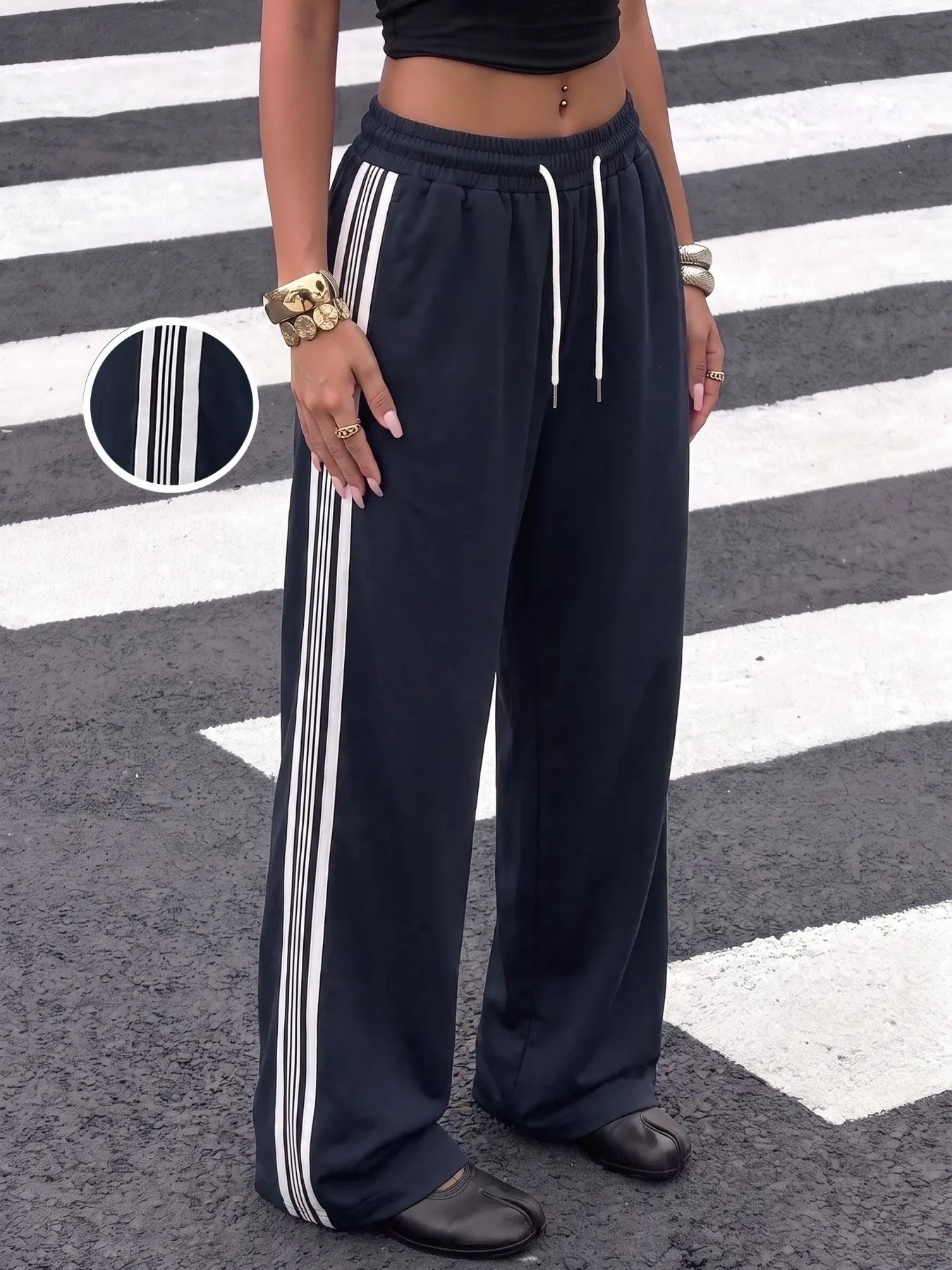 Women Navy Striped Wide Leg Casual Track Pants Elastic Drawstring Sweatpants