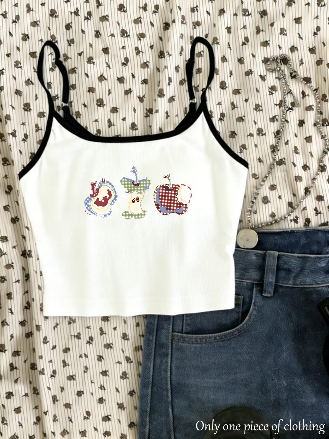 Y2K Style Apple Print Crop Top, Adjustable Shoulder Straps, Slim Fit Sleeveless Shirt, Streetwear Trendy Women's Clothing, Spring Summer New Arrival