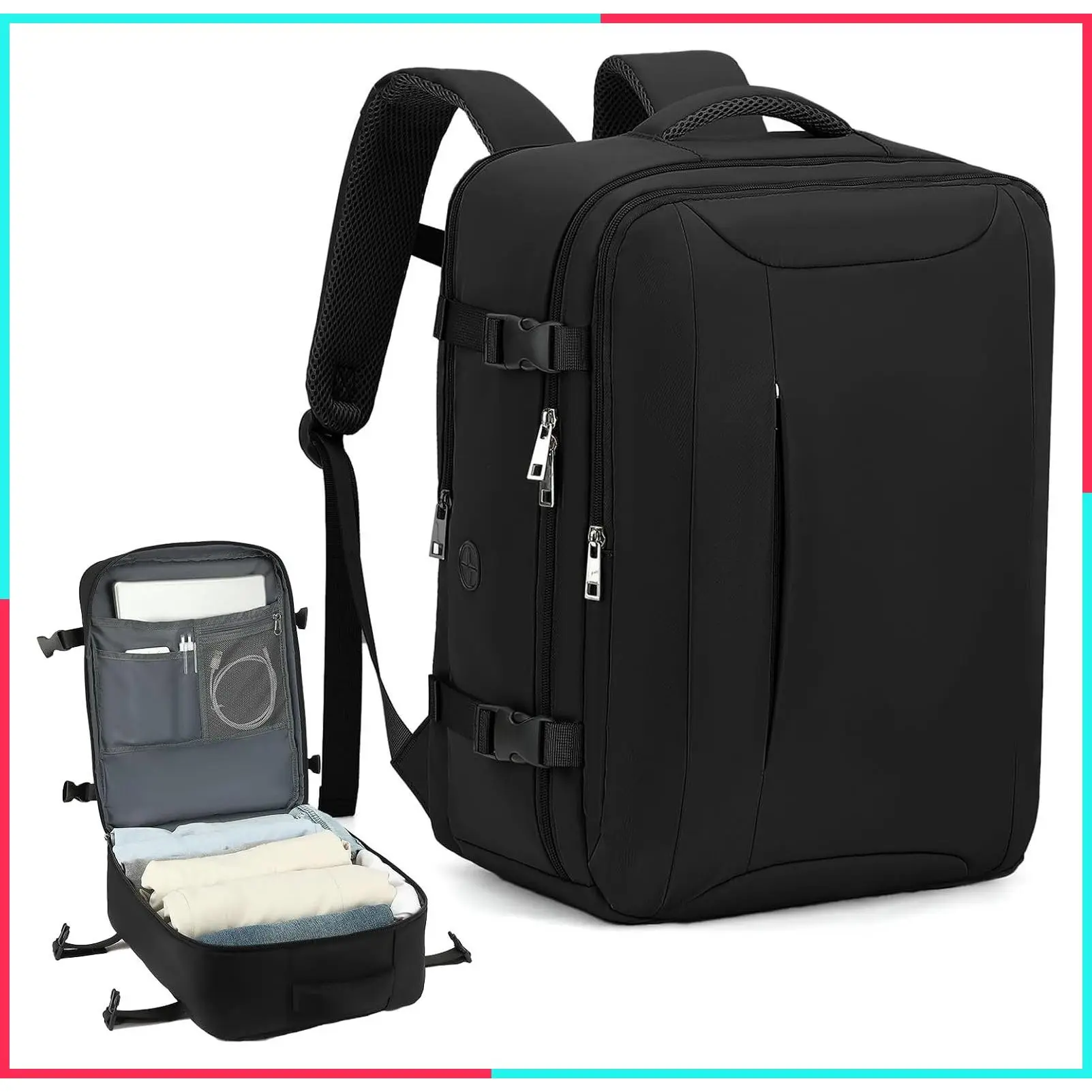 Carry On Backpack for Women & Men, 30L Airline Approved Travel Backpack, 18x14x8 Personal Item Bag, Water Resistant Weekender Daypack for Business, College, Black
