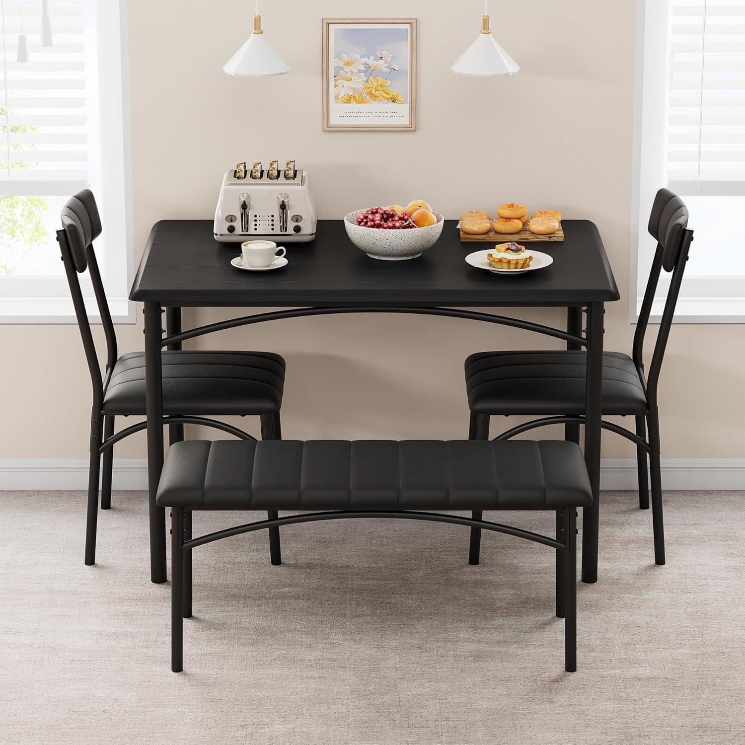 4-Piece Dining Set for 4 with Table, 2 Chairs & Upholstered Bench, Rectangular Wood Kitchen Table for Small Spaces, Apartments & Breakfast Nook