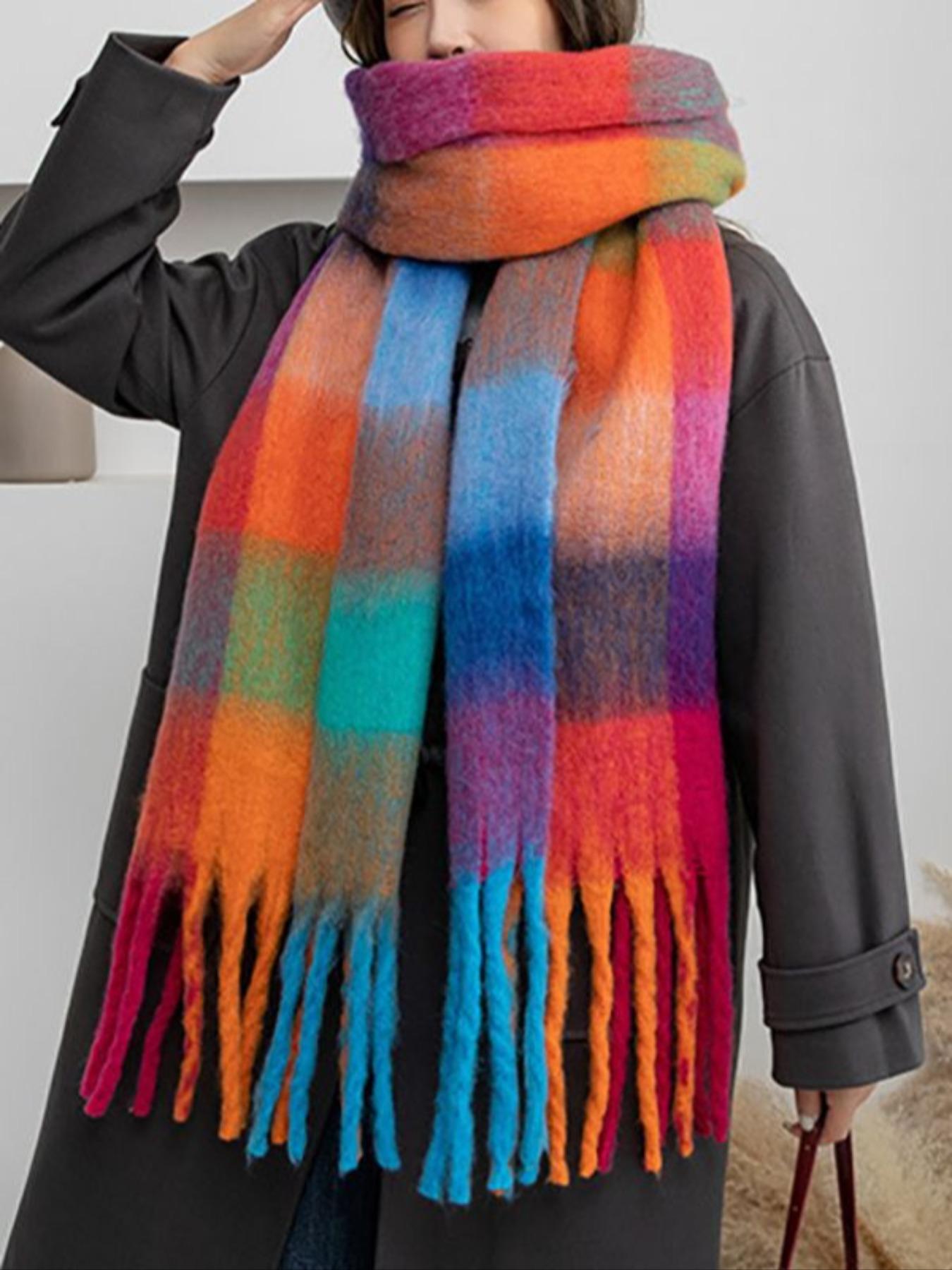 Bohemian colored Rainbow Stripes mesh winter tassel coarse scarf, thick, soft and warm shawl, autumn and winter cold and hot protection windproof wrapping hijab, scarf and neck, suitable for women, Casual Soft Shawl