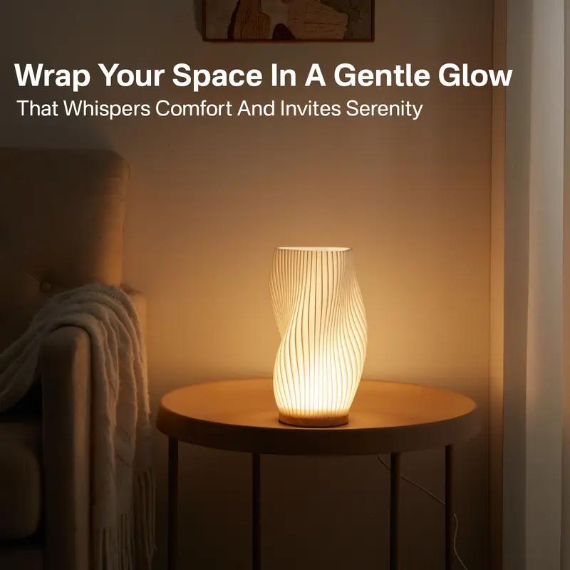 Dawnwake Aesthetic Table Lamp, 3D Minimalist Pleated Bedside Lamp, Dimmable LED Bedroom Lamp, Woodbase Modern Mood Lighting, Adjustable Lighting