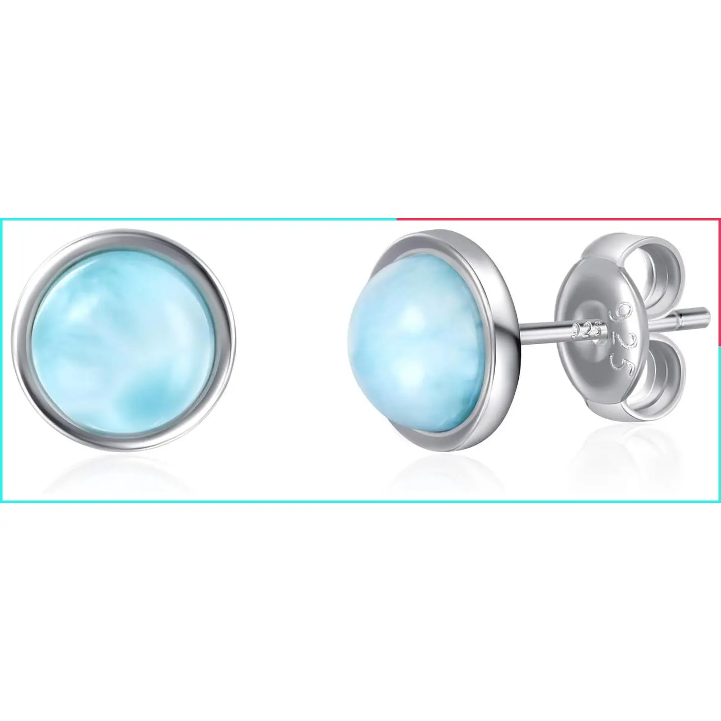 925 Sterling Silver Natural Larimar Stud Earrings for Women - Hypoallergenic 6MM Round Blue Gemstone