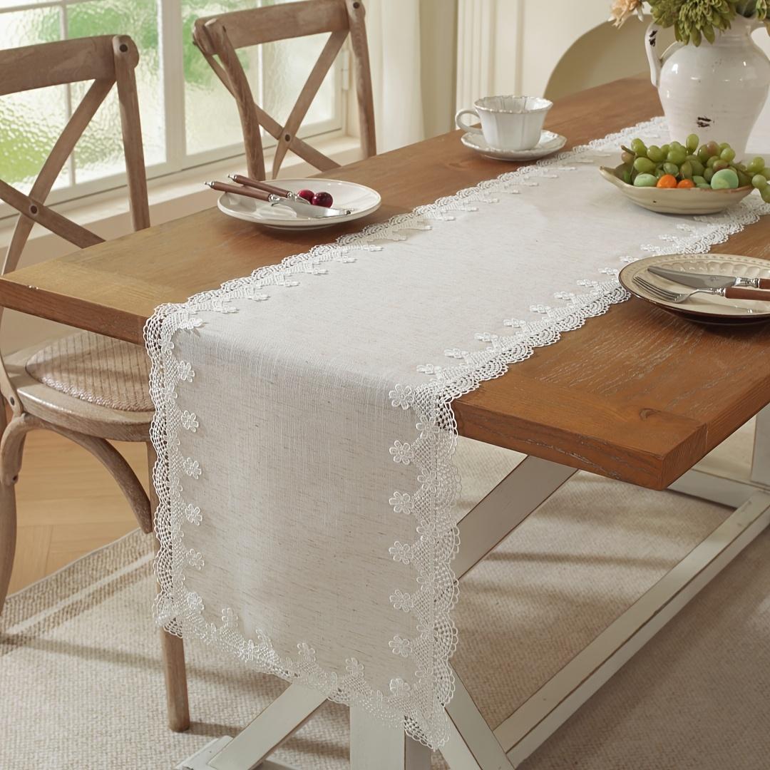 Elegant Table Runner, Polyester Fabric, Embroidered Lace Trim, Versatile for Home Kitchen Living Room, Party Decor, Wedding Decoration