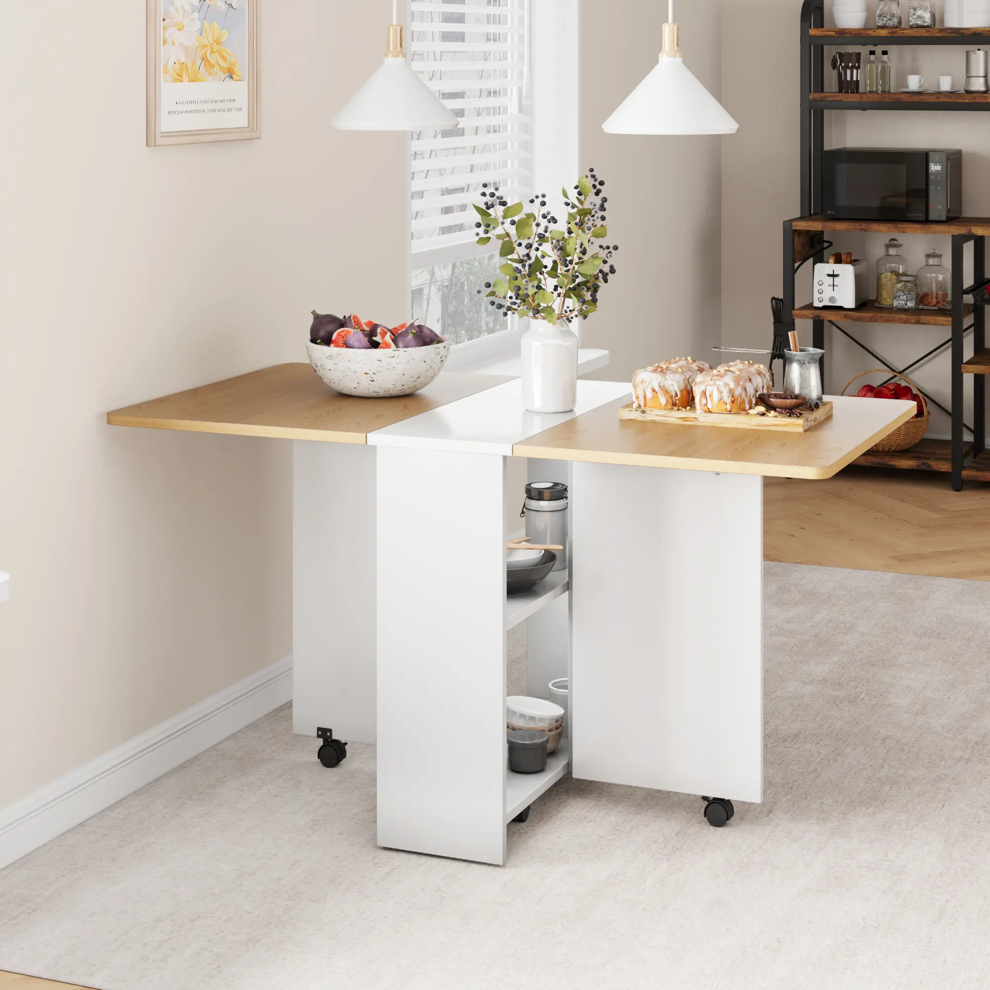 Folding Dining Table, Drop Leaf Dining Table for 4, Foldable Kitchen Table with 2 Storage Shelf, Space Saving Dining Tables for Small Spaces, Movable Kitchen Table with 6 Wheels