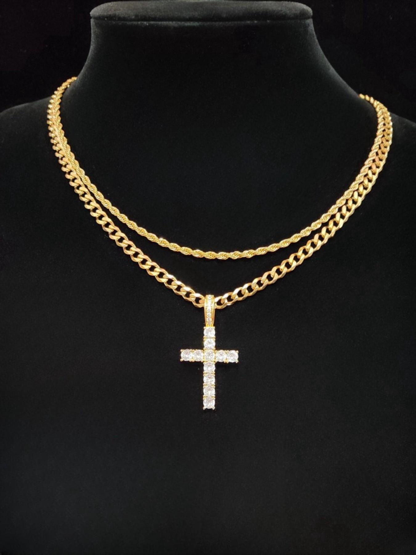 3pc Luxury Ice Zircon Cross Pendant Set, Faith Pendant Necklace, Cuban Link Design Chain & Braided Rope Necklace, Religious Jewelry Accessories