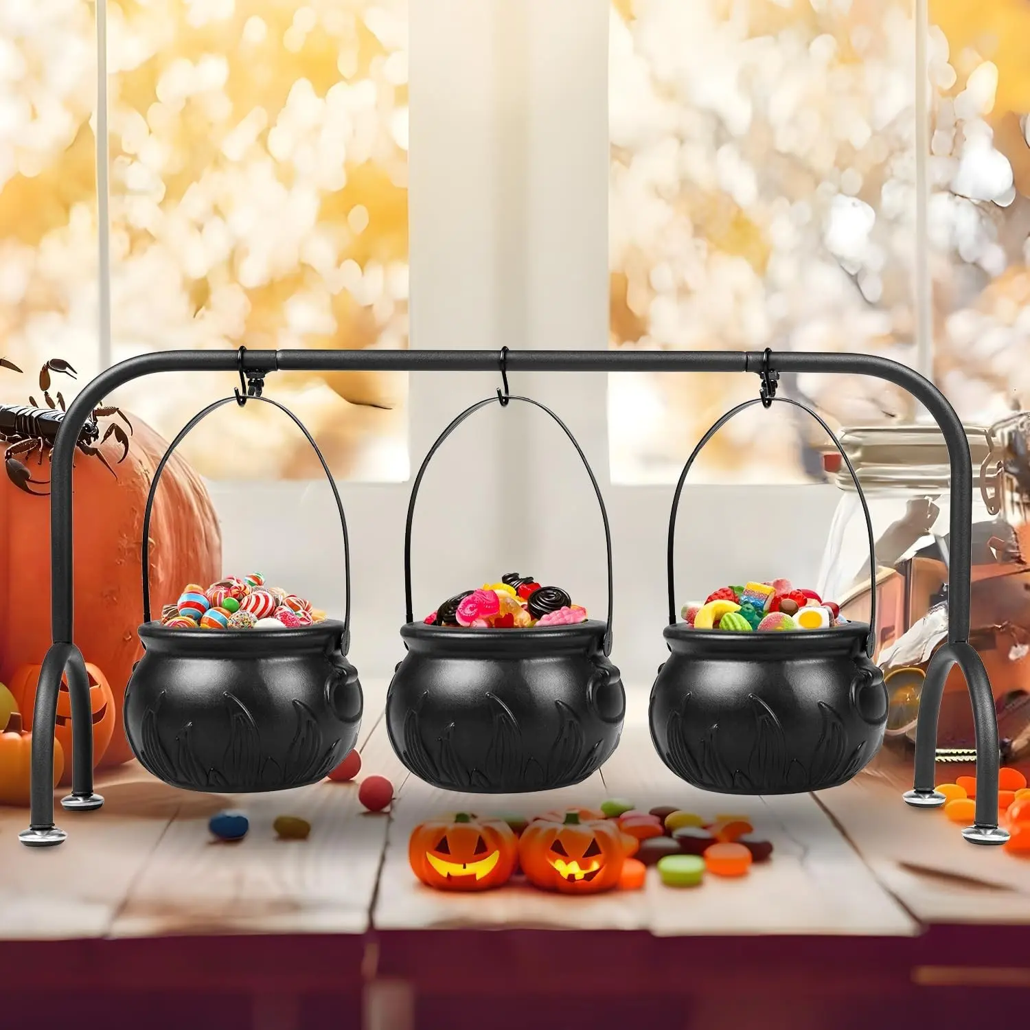 Halloween Party Decorations Indoor,Set of 3 Witches Cauldron Candy Serving Bowls With Rack, Easter Candy for Kids, Halloween Party Supplies,Black Plastic Candy Cauldron for Table Decor