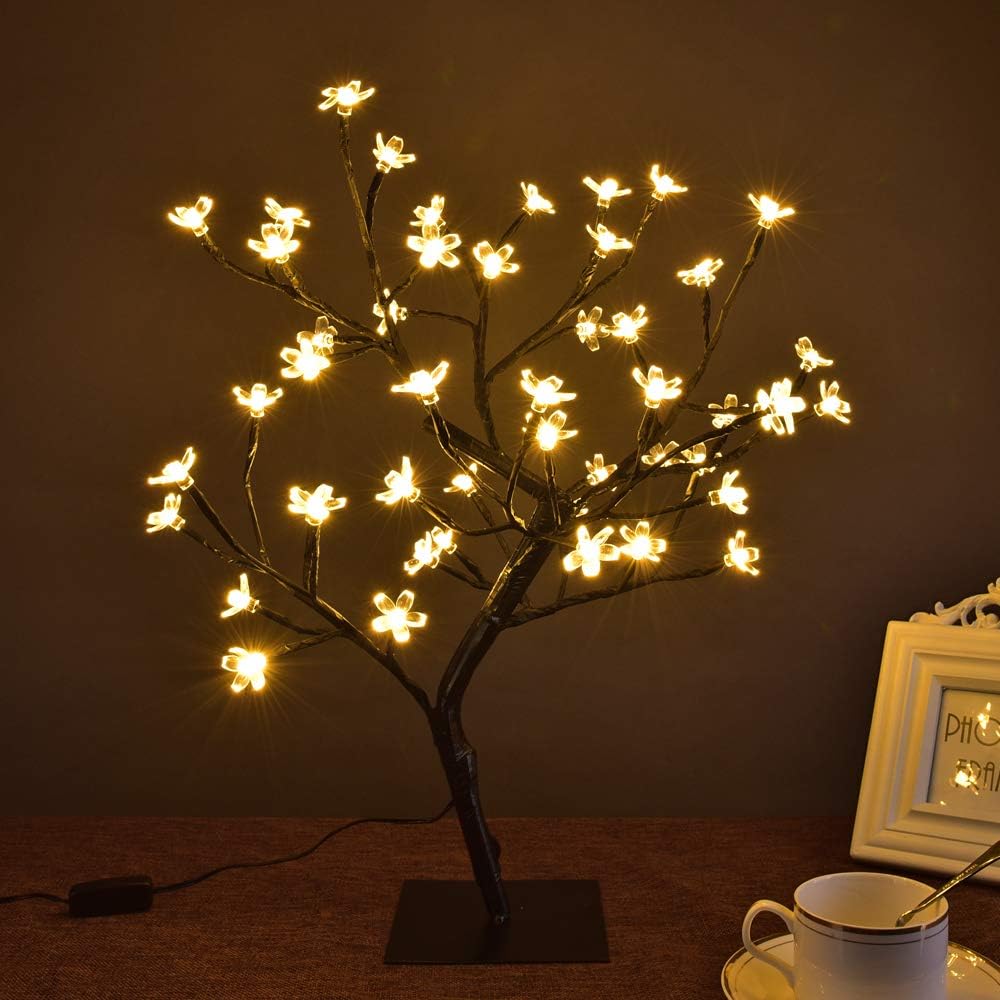 Energy Efficient 2pc 18-Inch Cherry Blossom Bonsai Trees, 48 LED Warm White Lights, 24V UL Listed Adapter, Metal Base, Ideal for Night Lights & Home Gifting