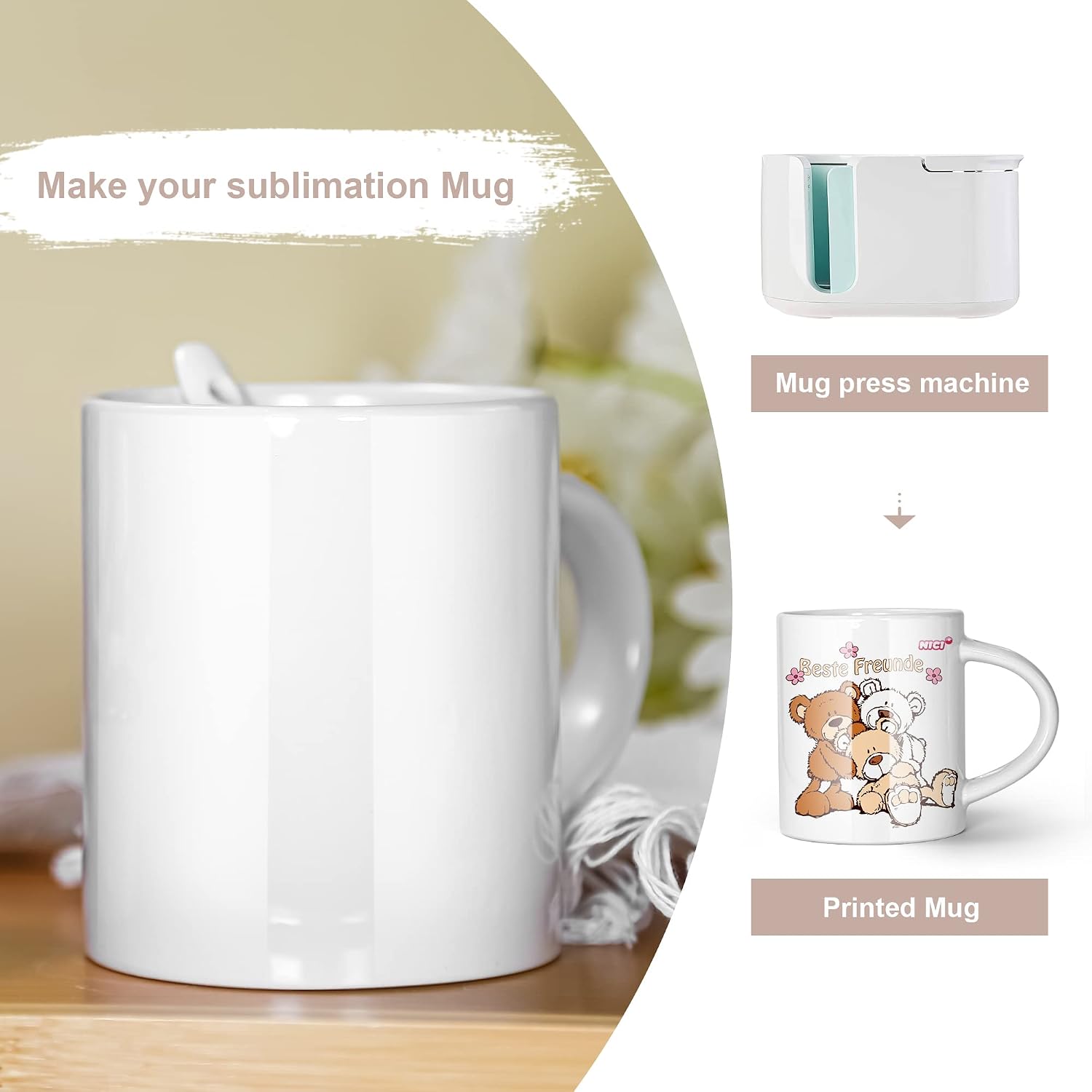 Sublimation Coffee Mugs Blank 11 oz, White Straight Ceramic Cups with White Interior, Handle, Spoon, Bulk Bundle Set of 12