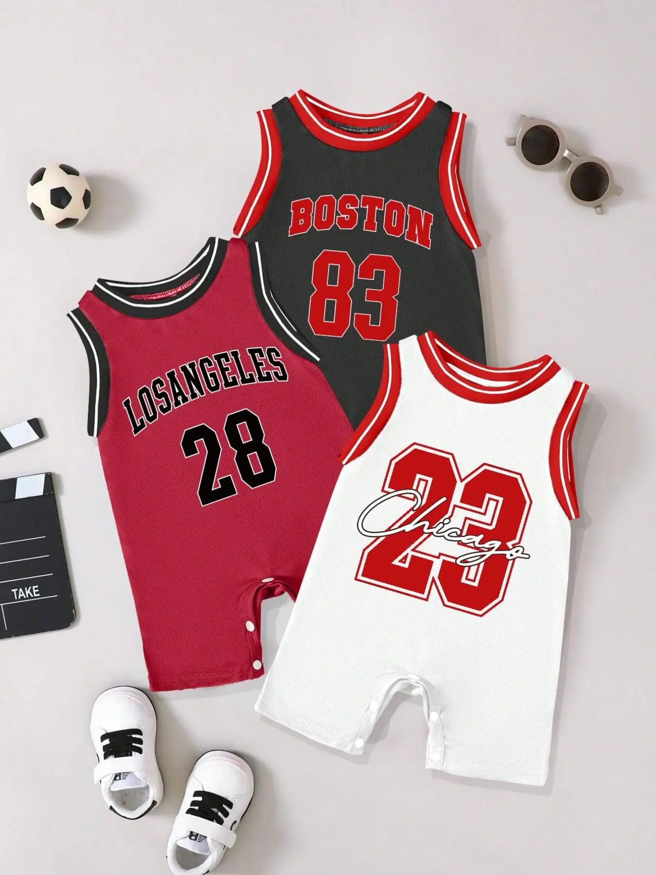 Boys' Romper Set, Letter Print, Round Neck Sleeveless, Summer & Spring Casual, Baby Boys' Three-Piece Set, Trendy and Comfortable, Rompers Set