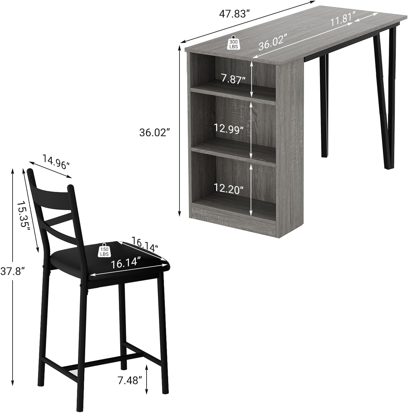 3-Piece Dining Table Set, Counter Height Kitchen Table Set for 2 with 3 Storage Shelves, Expandable Bar Table with 2 Cushioned Chairs for Small Spaces, Apartment 3-Piece Dining Table Set, Counter Height Kitchen Table Set for 2 with 3 Storage Shelves, Expandable Bar Table with 2 Cushioned Chairs for Small Spaces, Apartment
