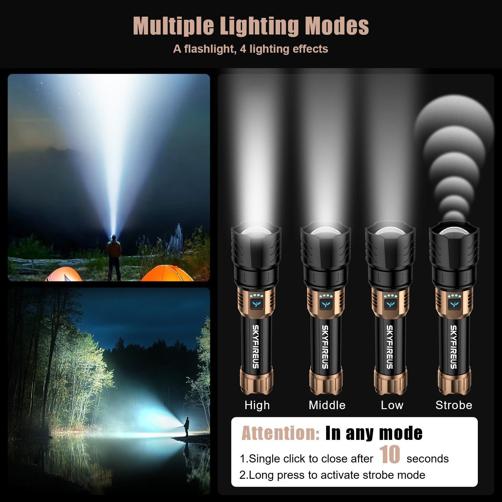SKYFIRE Model 1097 LED Flashlight – Super Bright, Rechargeable Torch with Zoom & Ignition Lens, 4 Modes, Waterproof Tactical Light for Camping, Outdoors & Emergencies#Summervibes summergarden