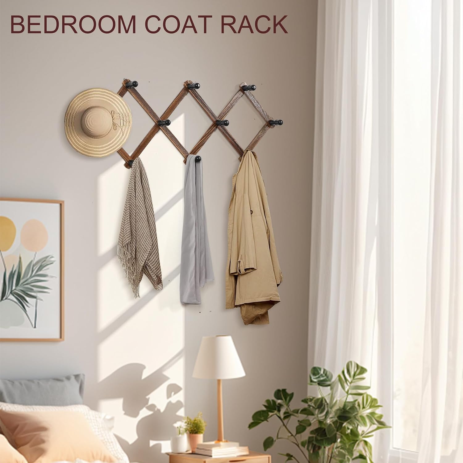 2-Pack Wooden Wall-Mounted Accordion Hat Rack - Expandable Coat Hanger with 10 Peg Hooks for Coats, Baseball Caps, Mugs