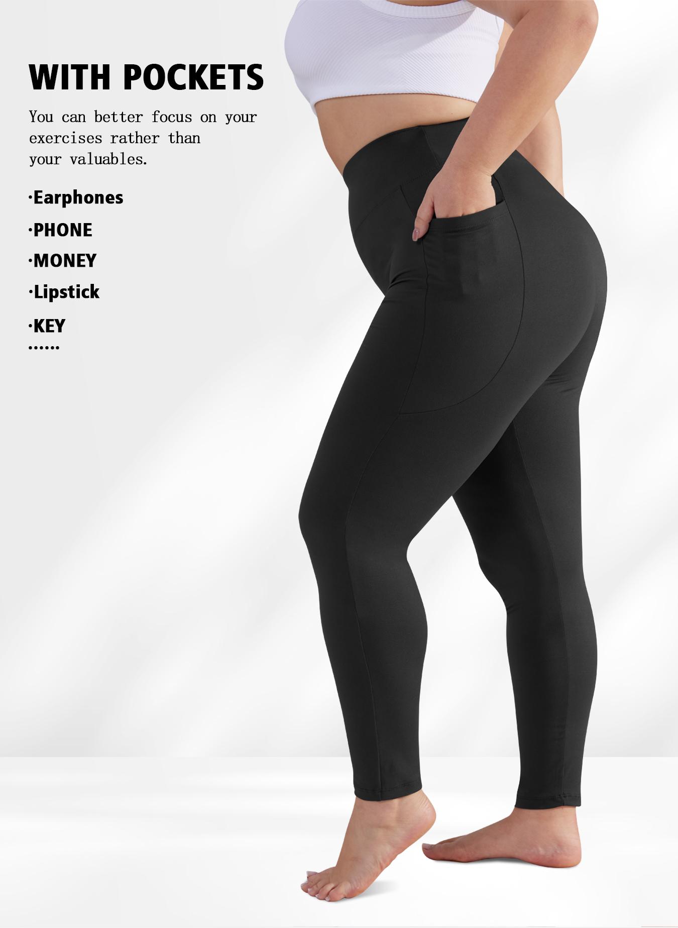 Plus Size Solid High Waist Fitted Leggings with Pockets, High Elastic Four-Way Stretch, All-Day Comfort Fit, 3-Pack Fashionable & Versatile Leggings