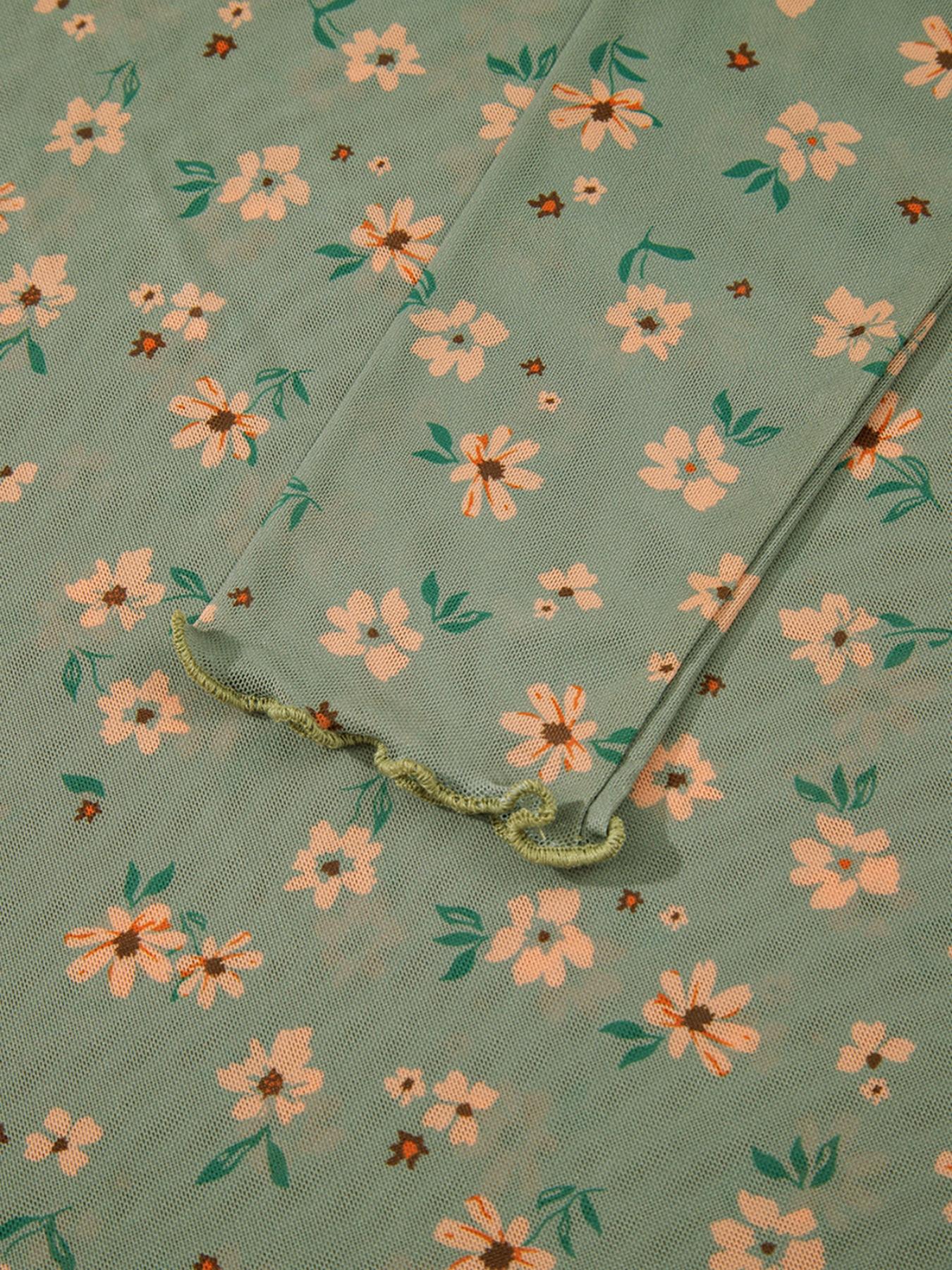 Vintage Floral Print Southern Style Mesh Long Sleeve Top, Women's Casual Fashion, Spring & Fall Wear, Comfortable and Stylish