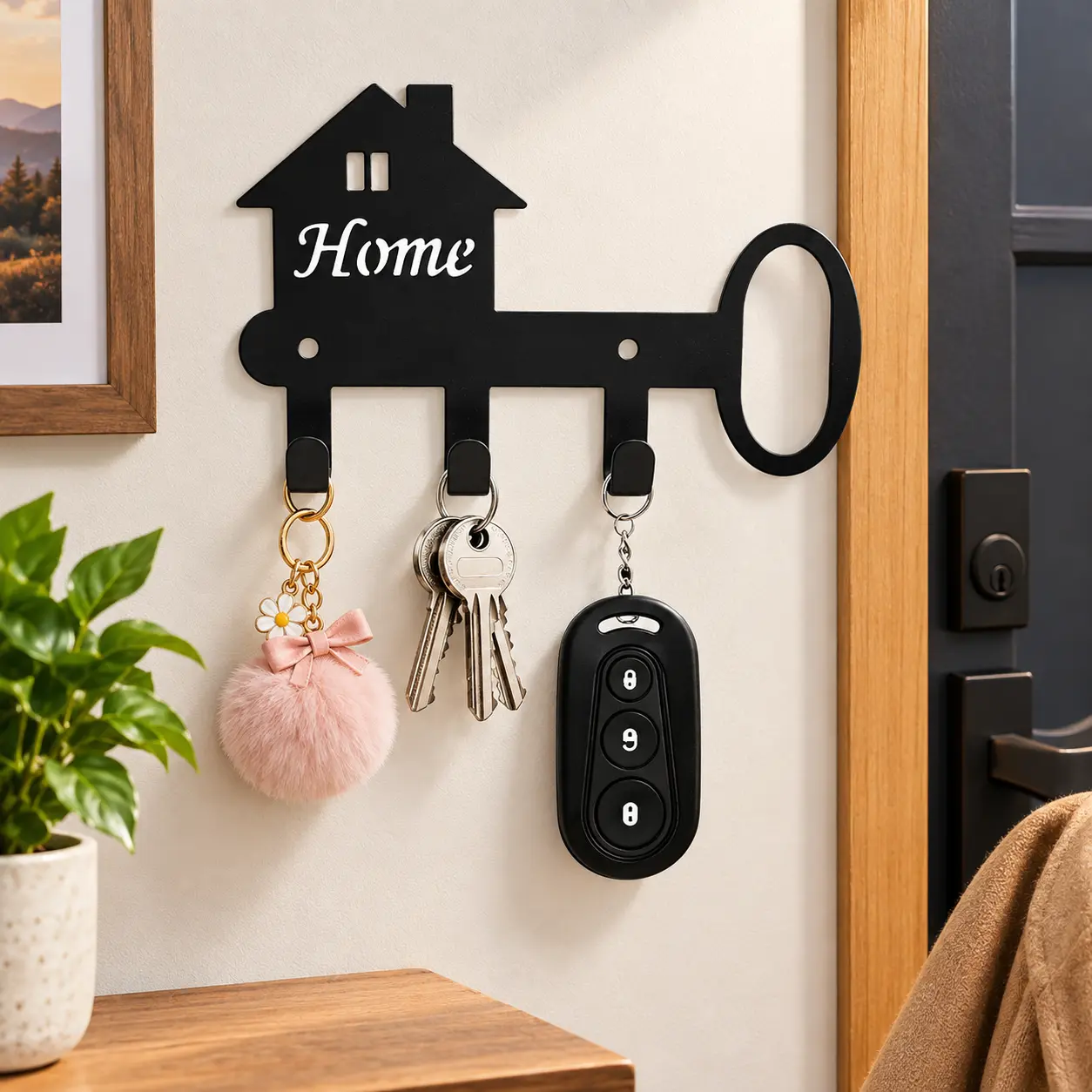 Key Hook Rack with 3 Hooks-Wall-mounted House & Key Shaped Design  Ideal For Entryway, Front Door, Hallway  Functional Home Decor