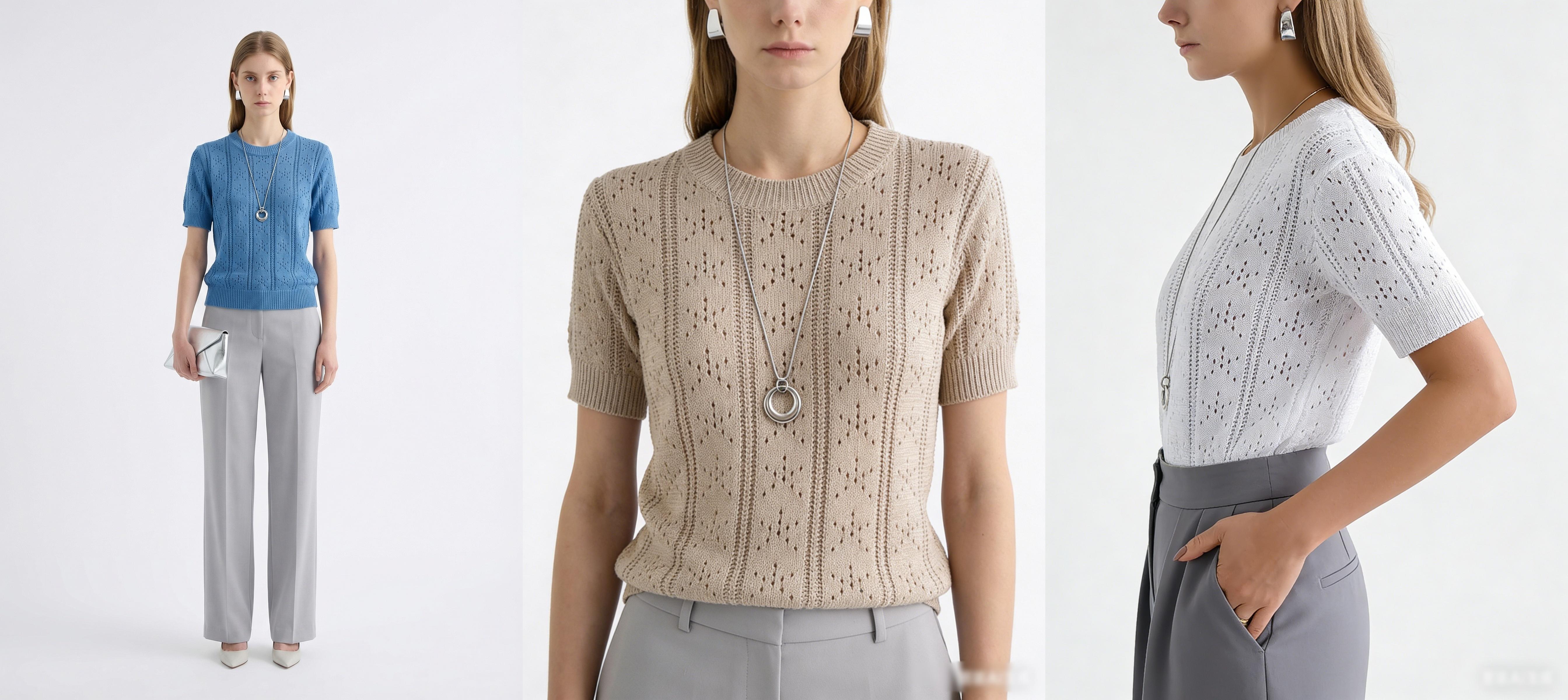 French Style Solid Hollow Out Knit Top, Casual Office Short Sleeve Sweater