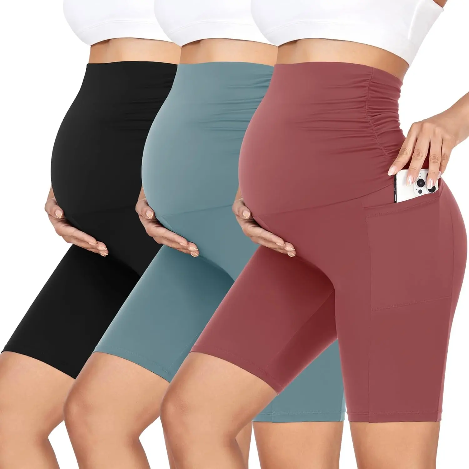 3 Pack Women's Maternity Shorts Over Belly with Pockets - 8'' High Waisted Workout Yoga Pregnancy Biker Shorts