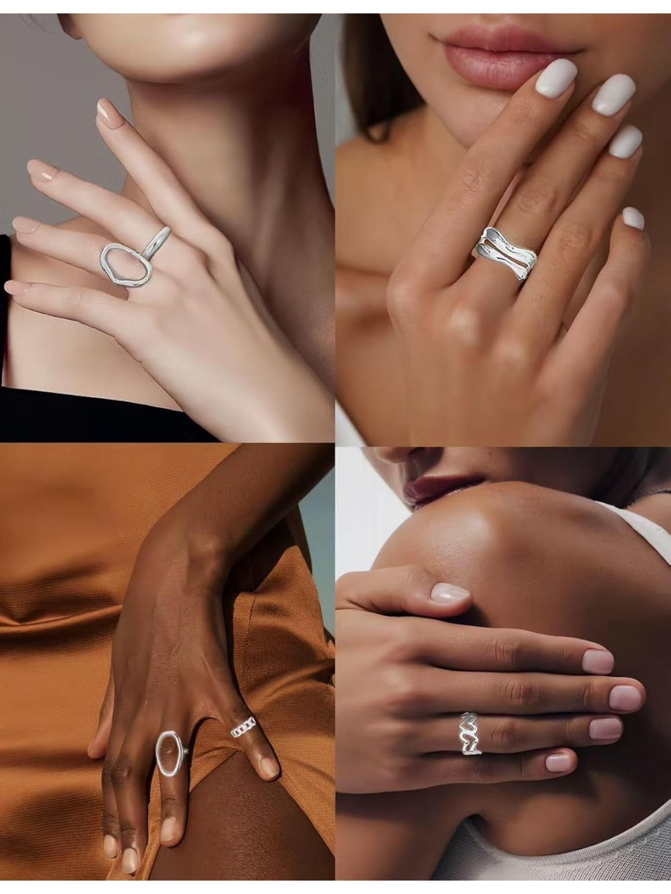 12 Pcs Stacked Rings Set, 18k Gold Plated, Open Jump Ring, Heart Pattern, Casual Style, All Seasons, Sizes 4-9, Silver Color