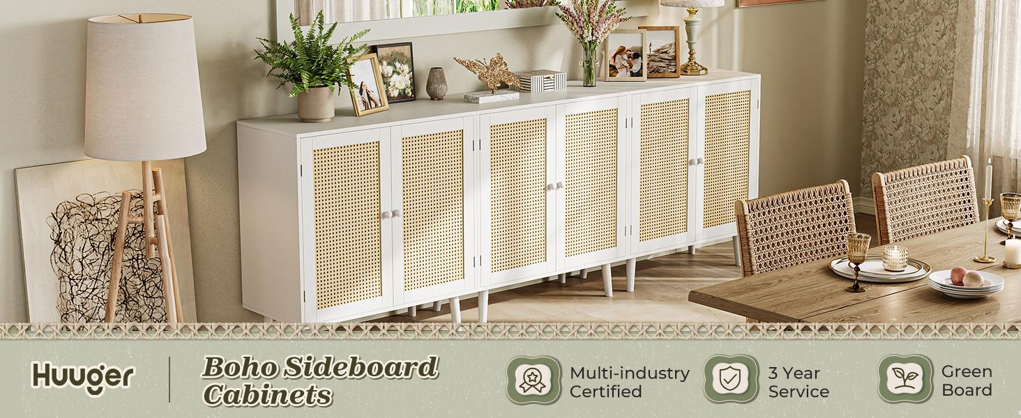 Huuger Buffet Cabinet with Storage, Storage Cabinet with PE Rattan Decor Doors, Media Console with Solid Wood Feet, Sideboard Cabinet for Hallway, Entry, Living Room