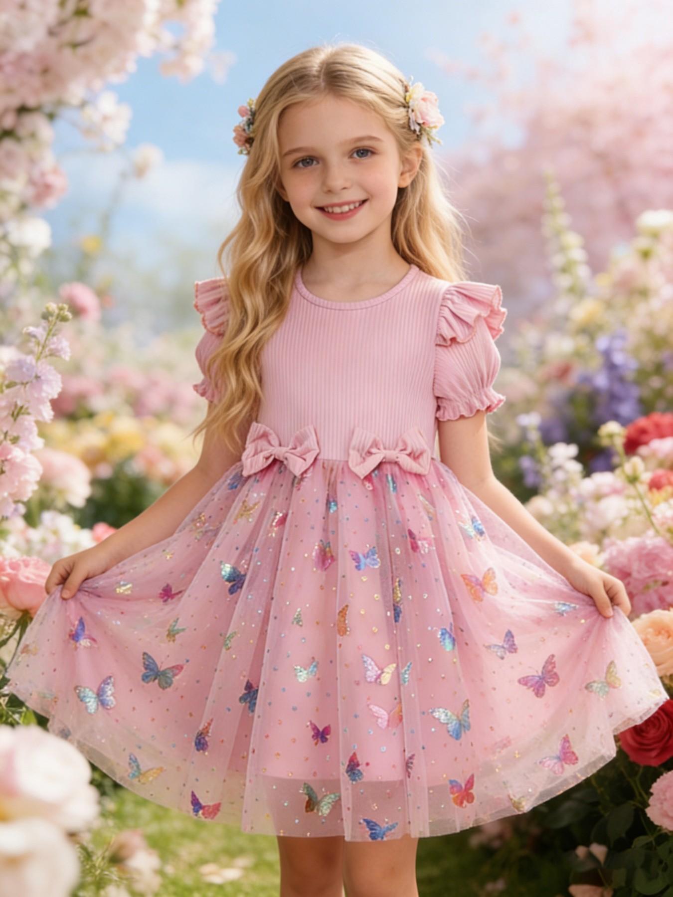 Sweet Style Girls' Dress, Flutter Sleeve Bow Design, Summer Mesh Princess Dress, Cute Floral Pattern, Slim-Fitting, Perfect for Kids