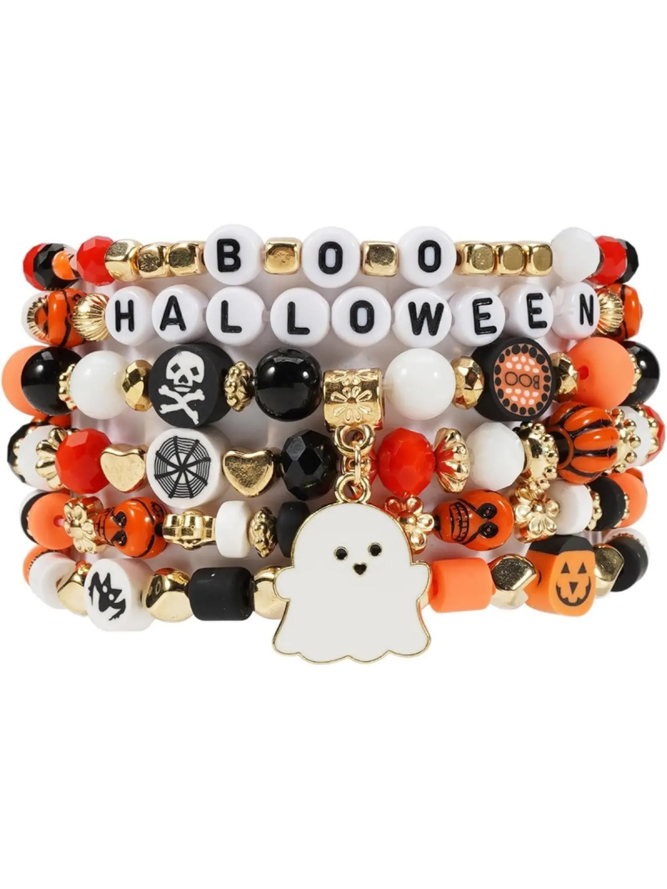 Halloween Beaded Stretch Bracelets Set, Bohemian Stackable Bracelets with Pumpkin Skull Ghost Bat Cat Letter Charms, Funny Spooky Ghost Beaded Jewelry for Women, Halloween & Christmas Party Costume Accessories