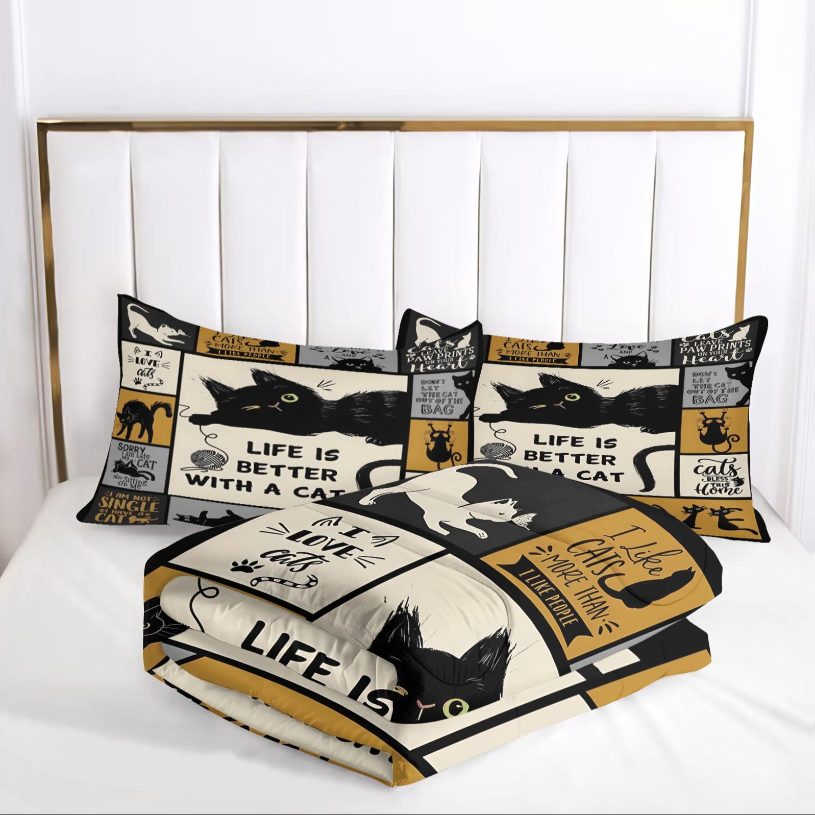 Fresh and Stylish Cat-Print Comforter Set Includes One or Two Blank Pillowcase. Multi-Color Patchwork Design Featuring Black Cats In Different Poses and Playful Slogans,Perfect Bedroom Bedding Soft, Comfortable Bedding Set Gift
