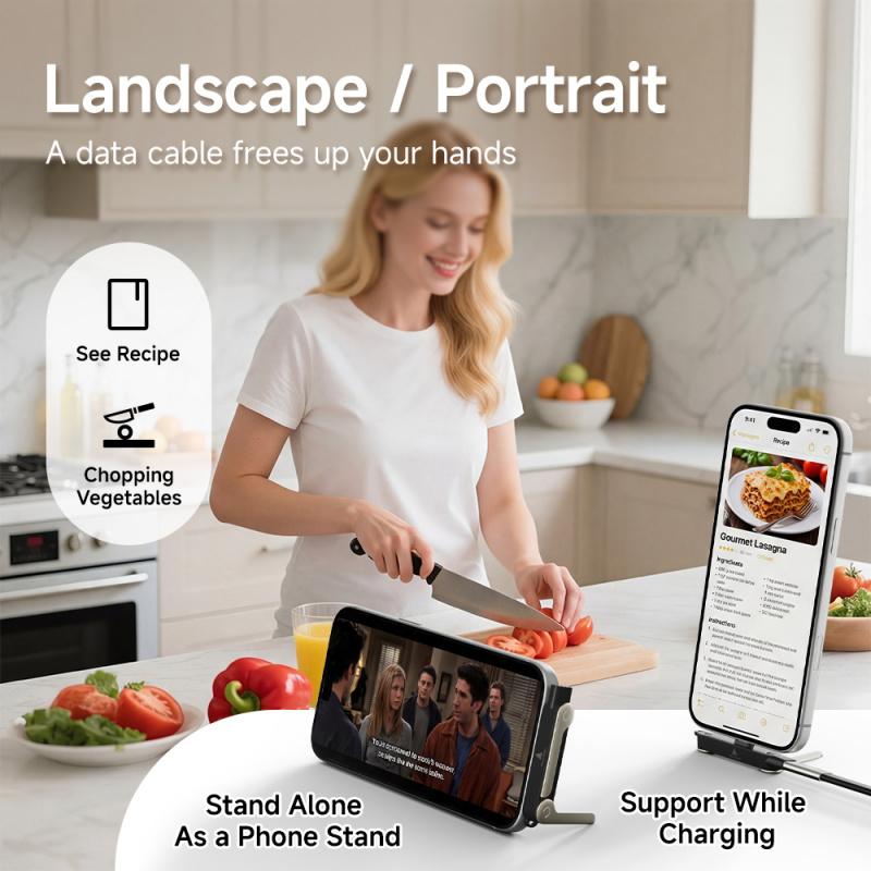 240W Fast Charging Cable Type C to C with Removable Foldable Bracket Stand for Phone Tablet Supports Simultaneous Charging and Gaming Watching Videos Durable Silicone Zinc Alloy Shell 150cm Long,Applicable to iPhone 15 - 17 Pro Max / Samsung /