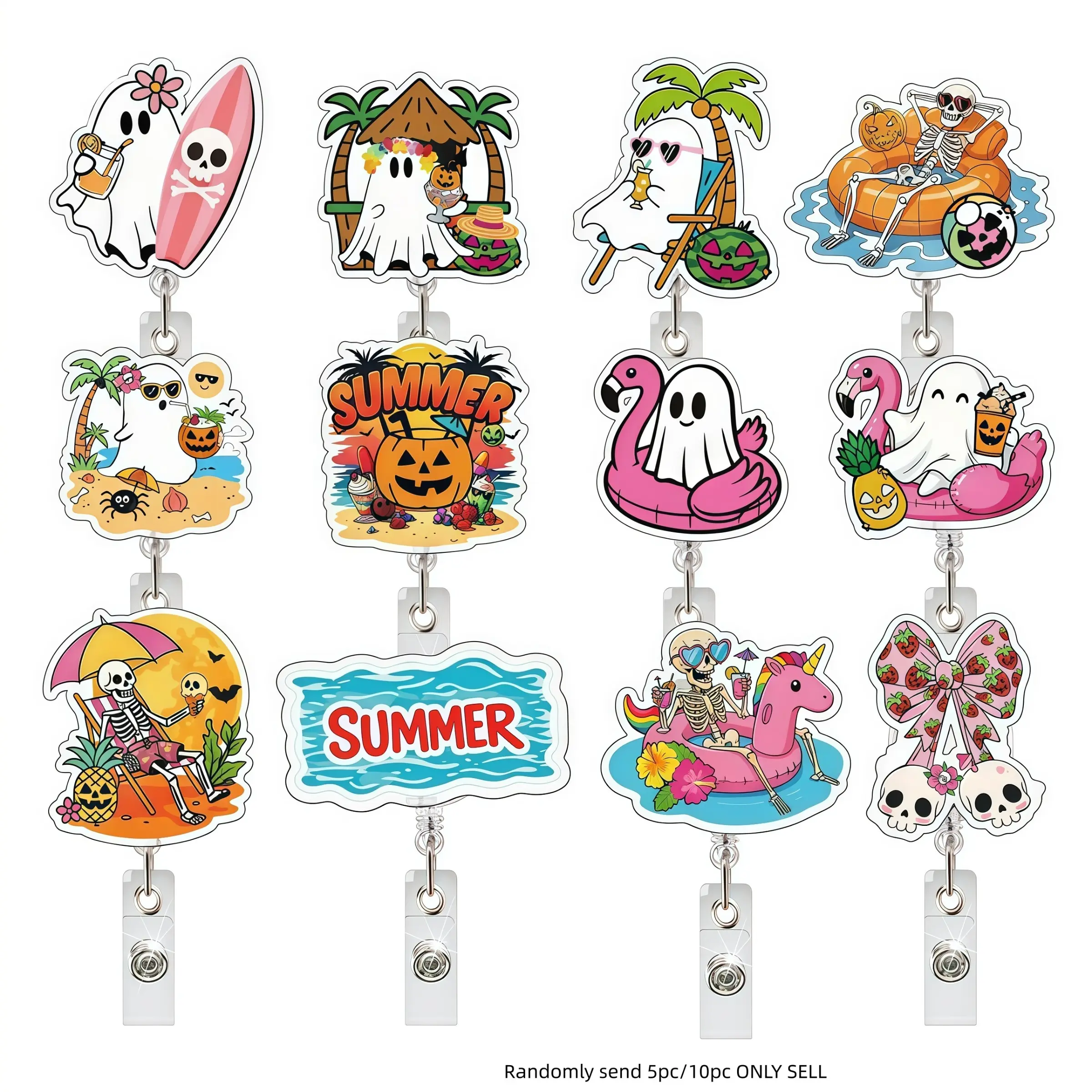 Halloween Ghost Skull Badge Roll Set, Tropical Beach Vacation Theme, Perfect Gift for Nurses, Teachers, Office Staff, Randomly Sent