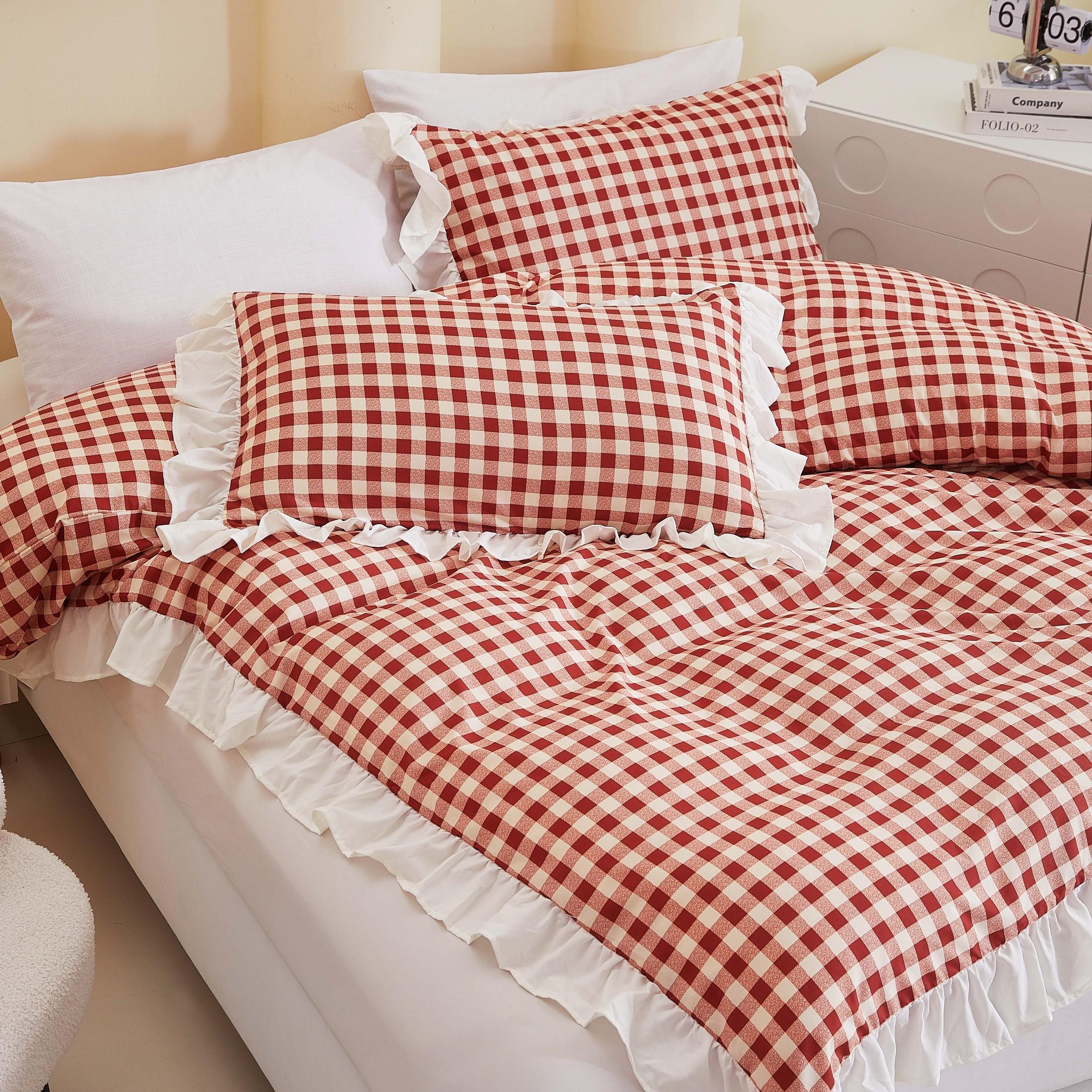 3Pcs Pink Orange Plaid Bedding Set with Ruffle Design, 1 Duvet Cover + 2 Pillowcases, No Filler, Soft Comfortable Fabric for Bedroom Decor