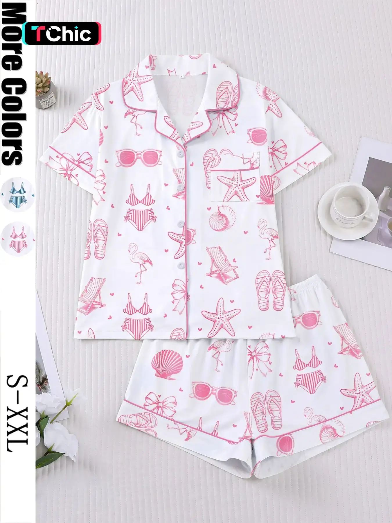 2-Piece Beach-Themed Loungewear Pajama Set with Bikini and Starfish Print, Short-Sleeve Collared Button-Down Soft Top and Loose-Fitting Stretch Shorts, Everyday Outfit for Holidays, Casual Outdoor Wear, Casual Summer Sleepwear