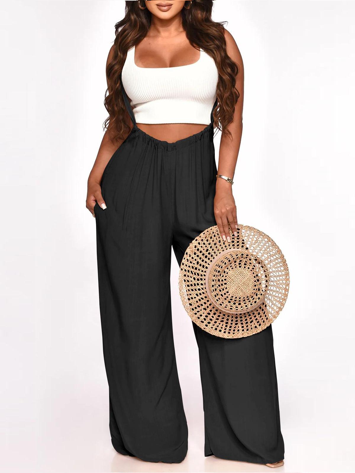 Women's Drawstring Tie Back Wide Leg Pocket Suspender Pants Casual Loose Fit Jumpsuit for Summer, Adjustable Design, Day Wear, Solid Color pants women linen pants