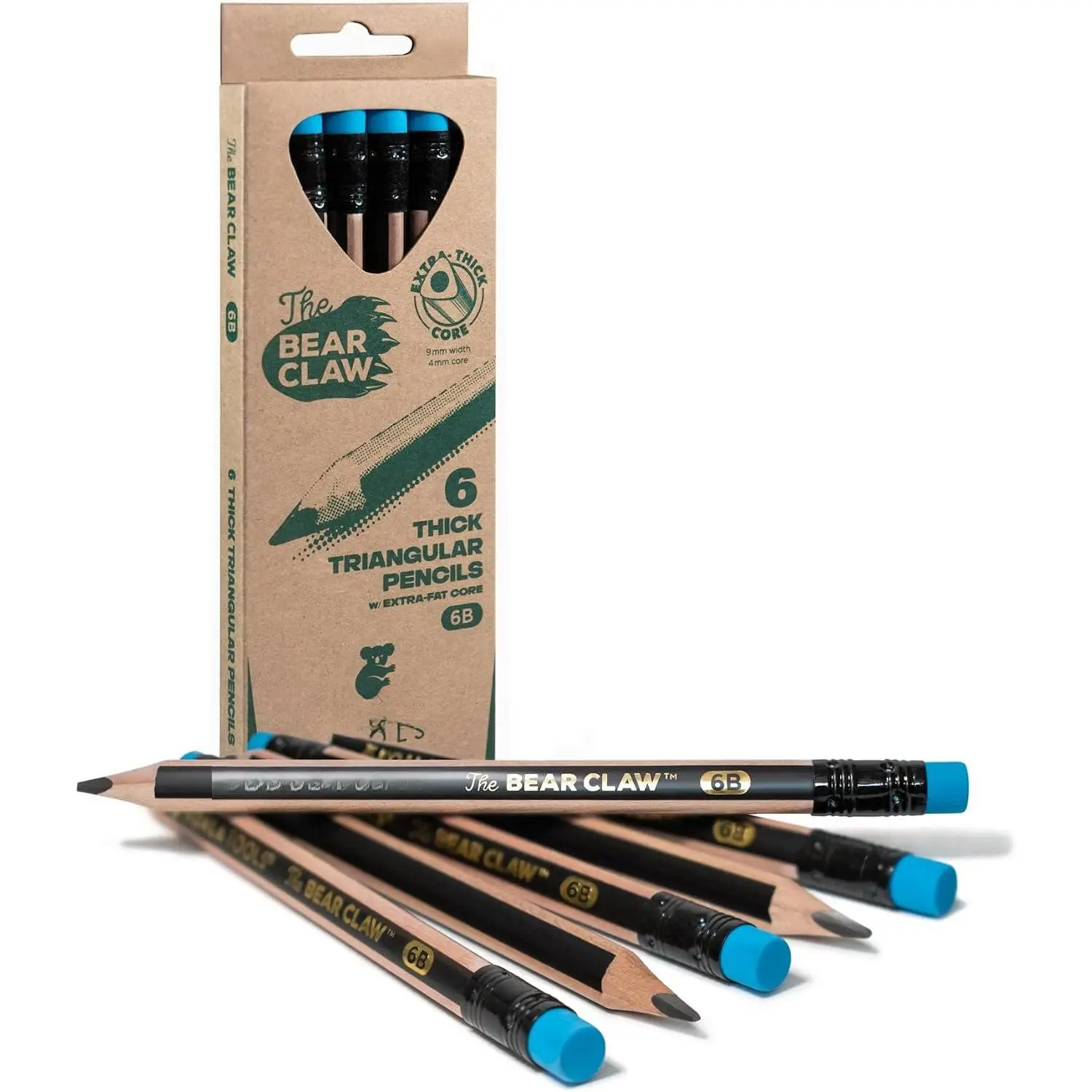 Claw Pencils 6-Pack (6 Pencils) - Thick Triangular Grip, Extra-Dark 6B Real Graphite Core with Eraser, Extra Dark Line Sketching Tool for Art, Drawing, Office Stationery & Supplies