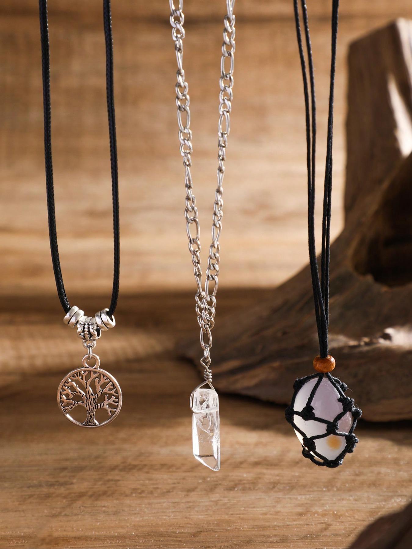 Women's Boho Style Vintage Style Artificial Crystal Decor Pendant Necklace, 3pcs Exquisite Trendy Pendant Necklace, Fashionable Jewelry for Women As Gift Without Box, Boho Chic Crystal