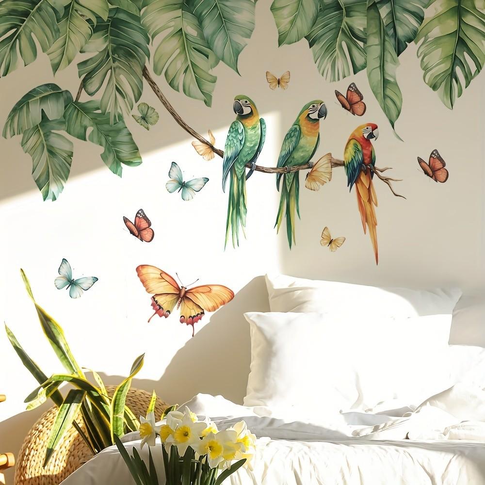 Tropical Leaf Parrot Wall Sticker, Plant Leaf Butterfly Bird Wall Sticker, Suitable for Bedroom Bathroom Kitchen Decor