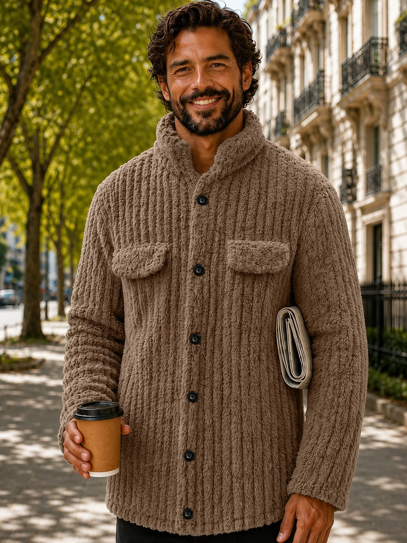 Men's Fleece Teddy Bear Jacket, Vintage American Casual Thickened Fleece Coat, Warm Stand Collar, Full Button Front, 3D Plush Texture