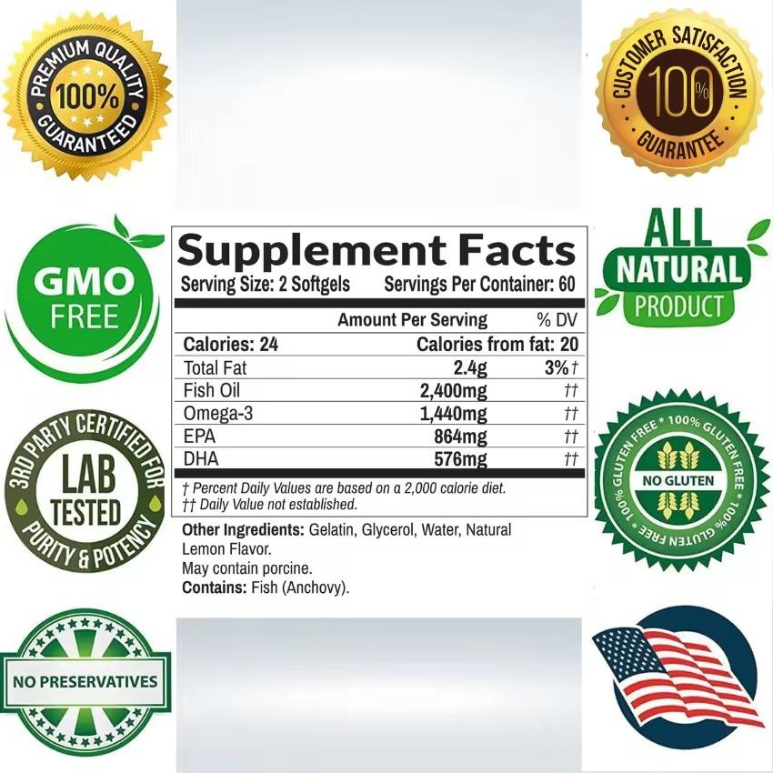 Triple Strength Omega 3 Fish Oil Supplements 2400mg | 180 Capsules, Burpless High Potency Lemon Flavor, High Content Omega-3 Cod Liver Oil EPA and DHA Deep Sea Fish Oil Supports Immune System Natural Fish Oil Soft Capsules